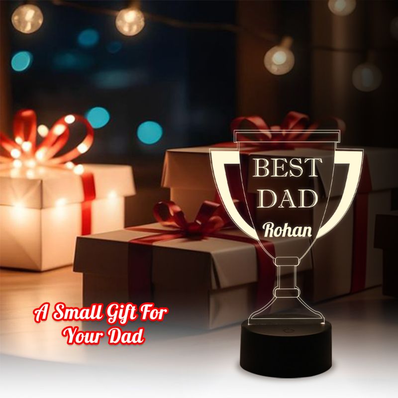 Best Dad Trophy Acrylic Night Lamp | Personalized with Name | Warm White Light & On/Off Touch Button | USB Data Cable | Birthday Gift for Dad | Unique Gift for Father